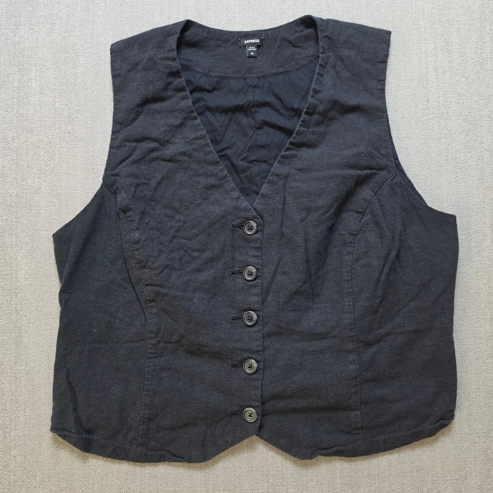 Express Vest Women XL Charcoal Gray Linen Blend Button Front V-Neck EX008216